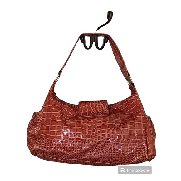 Orange Alligator Embossed Hobo Shoulder Bag Handbag Pockets Glossy Patent Finish - Picture 4 of 16